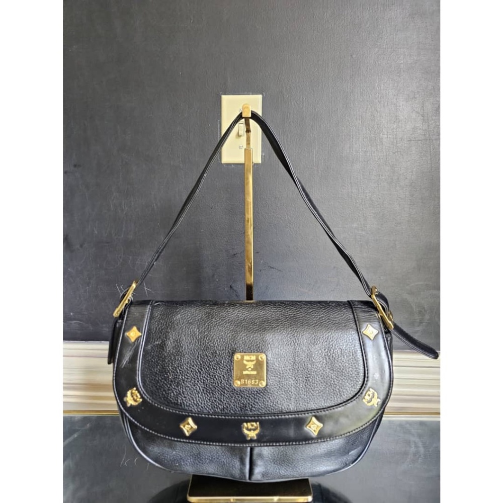 MCM Black Leather Shoulder Bag with Gold Hardware